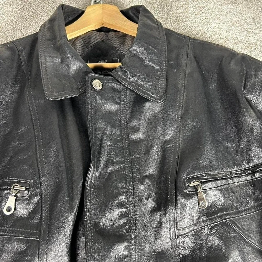 Vintage black leather biker style zip up bomber jacket Size M